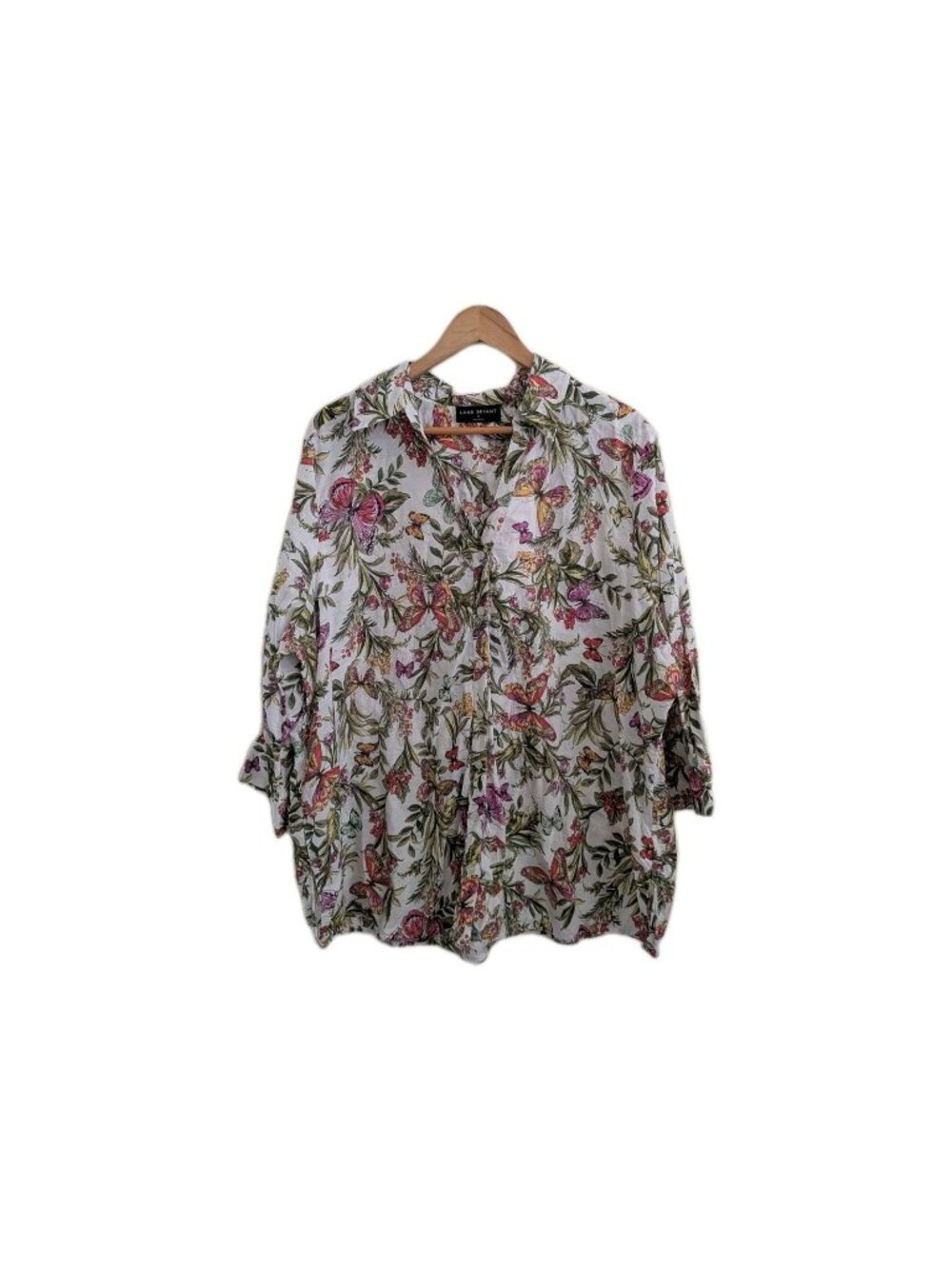 Lane Bryant Butterfly Floral Blouse 22 Garden Cotton Button Front Tunic Top